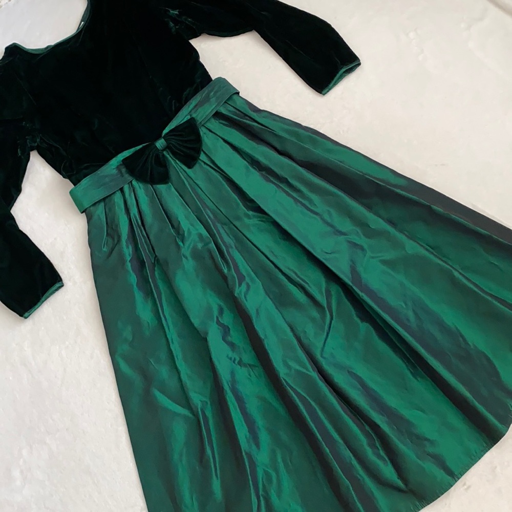 {VTG} Lanz Originals | Velvet Satin Bow Belt Long Sleeve Midi Dress Emerald (8) - Picture 1 of 16